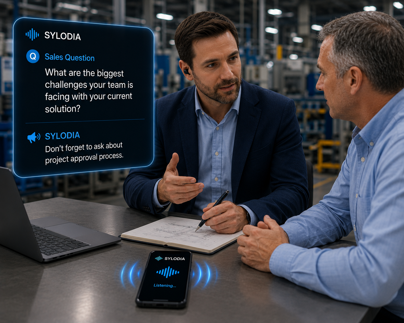 A salesman in a navy suit wearing a discreet in-ear earpiece leans in to talk with a client across a table on a factory floor, while a Sylodia card suggests a sales question and a coaching cue, and a phone on the table shows Sylodia listening in real time