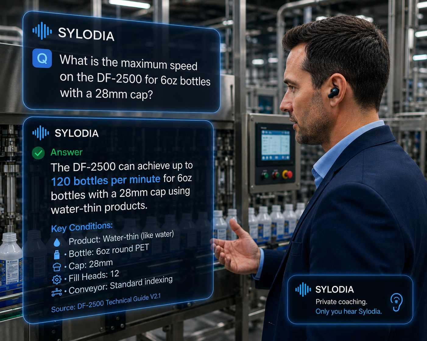 A sales engineer on a bottling-plant floor wearing a discreet Bluetooth earpiece asks Sylodia the maximum speed of a DF-2500 line, and Sylodia instantly answers 120 bottles per minute with key conditions and a cited technical guide, visible only to him
